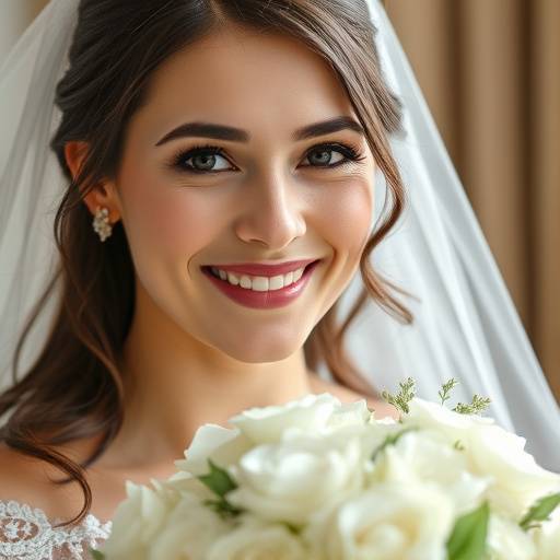 Close-up de uma noiva sorrindo no dia do casamento, segurando um buquê de flores brancas.