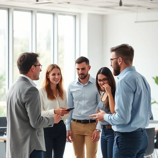 Fotografia corporativa de uma equipe em reunião criativa.