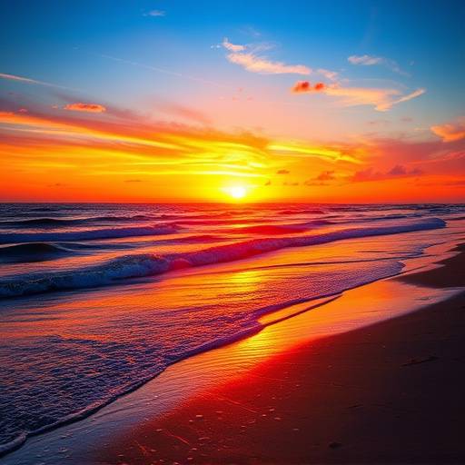 Fotografia de paisagem de uma praia ao pôr do sol com cores vibrantes.