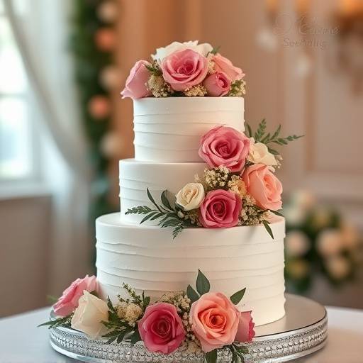Fotografia de um bolo de casamento decorado com flores naturais.